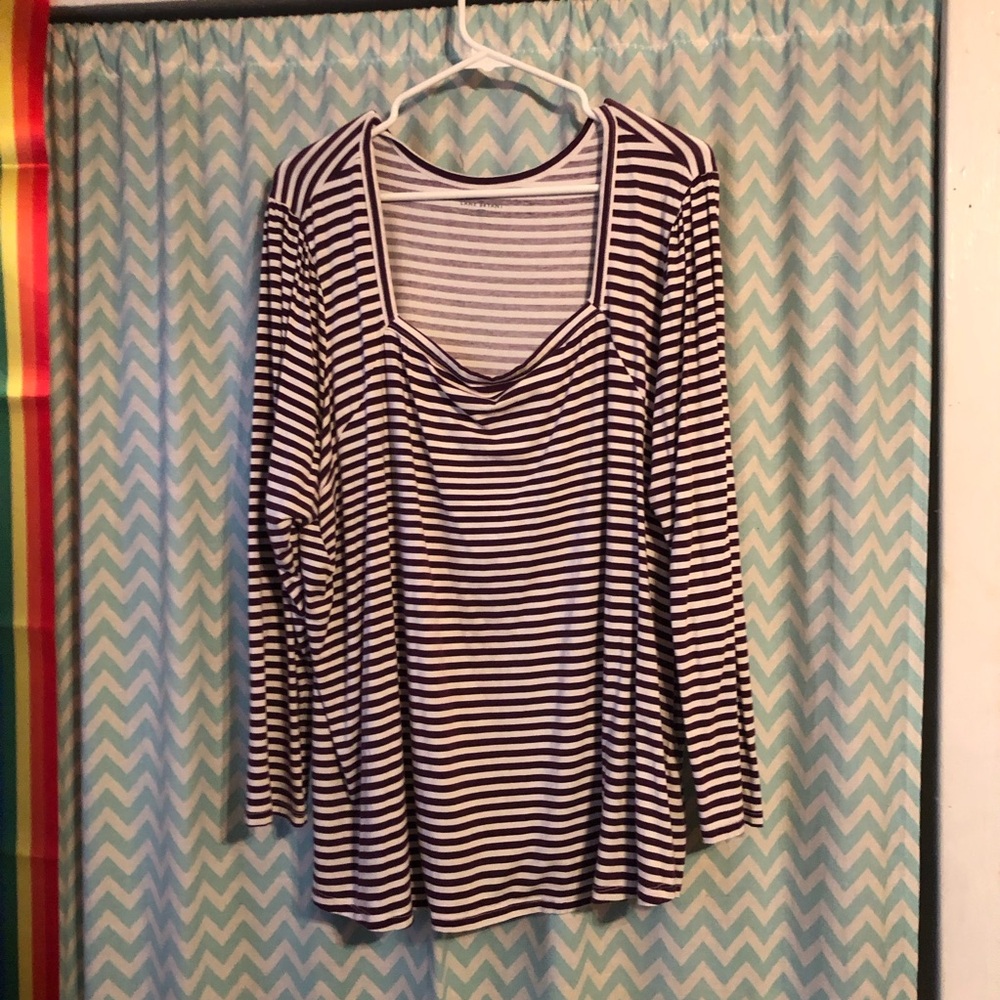 Lane Bryant plus size square neck purple white striped pullover 3/4 sleeve top